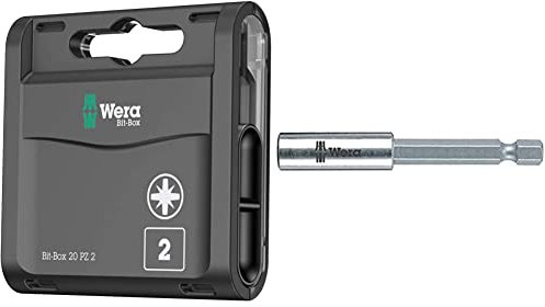 Wera Bit-Box 20 H PZ2 Extra Hard bits for drill/drivers, 25mm, 20pc pack, 05057760001, Black & 889/4/1 SB Universal Bit Holder with retaining ring and magnet, 1/4 Drive x 75 mm, 05073357001