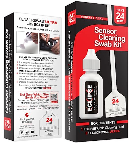 Sensor Cleaning Swab Kit - Eclipse Optic Cleaning Solution (0.5oz/15ml) + Type-3 Sensor Swab Ultra 24mm (Pack of 6) - for Full Frame CMOS and CCD Sensors - Dust & Oil Remover