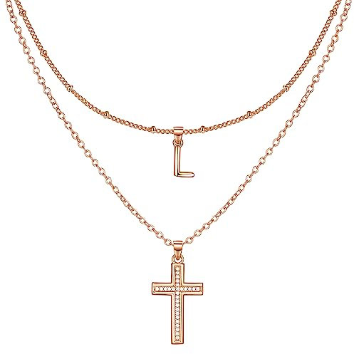 ZENI Dainty Cross Necklaces for Women, Rose Gold Plated Layered Chain Initial L Pendant Choker Necklace, Cubic Zirconia Cross Christian Faith Jewelry Communion Baptism Gifts for Girls