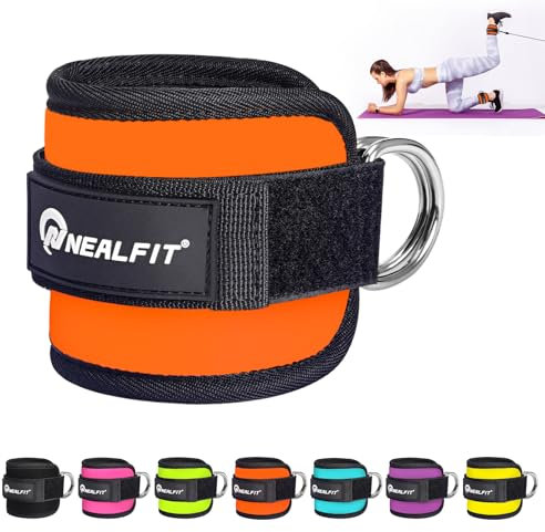 NEALFIT Fußschlaufe Kabelzug, Kickbacks Fußschlaufe, Verstellbarer Fußmanschetten Kabelzug mit Doppelten D-Ringen und Neoprenstütze(Orange-Einzeln)