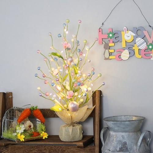 HpLive Beleuchteter Osterbaum, Oster-LED-Osterei, dekorativer Baum, Schreibtisch-Ornamente, Osterdekorationen für Geburtstag, Zuhause, Party, Frühlingsdekoration, 45 cm, bunt (1)