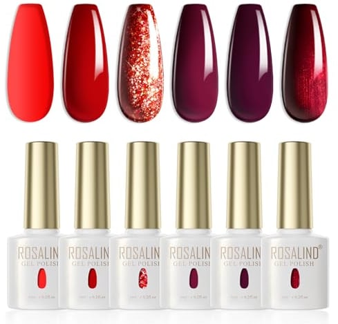 ROSALIND UV Nagellack Rot,6 Farben Rot Burgunder Dunkel Dunkelrot Glitzer Soak Off UV LED Gellack Set Gel Nail Polish für Nagelstudio Design