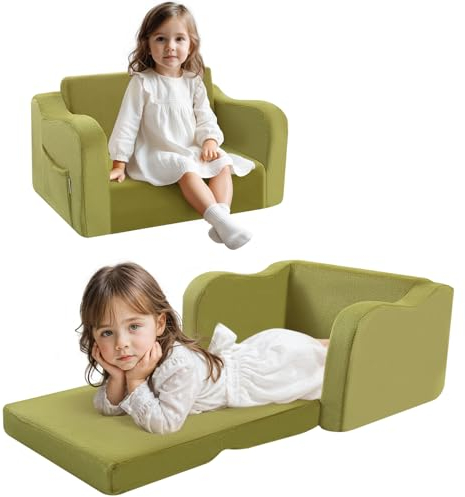 MeMoreCool Kindersofa Kindersessel Ausklappbar, Bequemes Bettsofa für Kleinkinder, 2-in-1 Schlafsofa für Kuschelecke Kinderzimmer, Mini Baby Sofa mit Schlaffunktion für Jungen und Mädchen, Grün