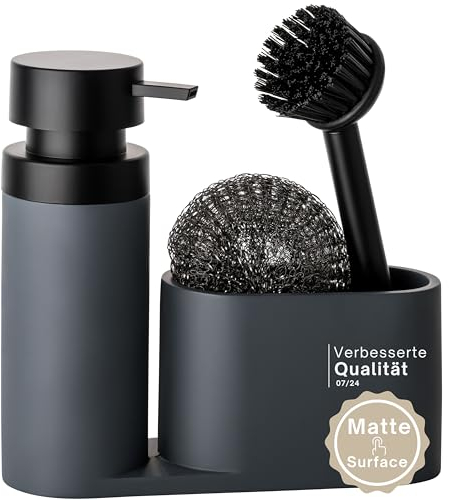 Black Sweden Home Design Spülbecken Organizer aus Kunststein mit Bürste und Stahlschwamm - Küchen Organizer Spül Set schwarz matt - Spülmittelspender grau