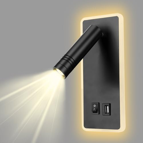 uksunvi Comodino Lettura Lampada Da Parete LED 9W Regolabile Faro 3000K Luce Calda Con Ricarica USB (Rettangolo nero)