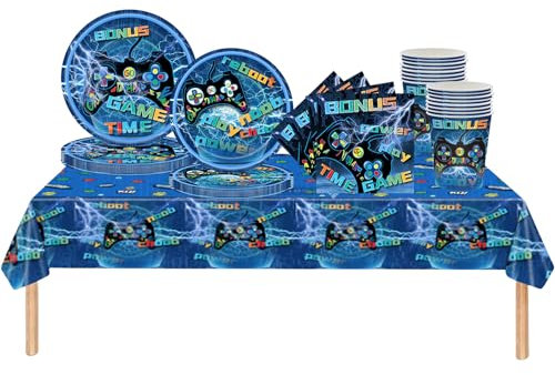 69Pcs Blue Video Game Party Tableware for Boy Gaming Birthday Decorations - Plastic Table Cloth, Paper Plates, Napkins and Cups for Kids Boys Girls Game Controller Theme Birthday Party Supplies