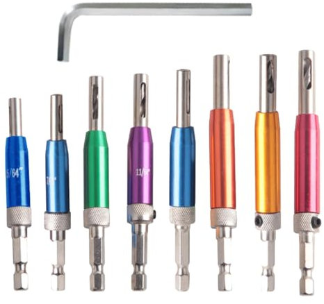 Lot de 8 forets à charnière auto-centrant lcyen, 5/64, 7/64, 9/64, 11/64, 5 mm, 13/64, 1/4 avec clé hexagonale