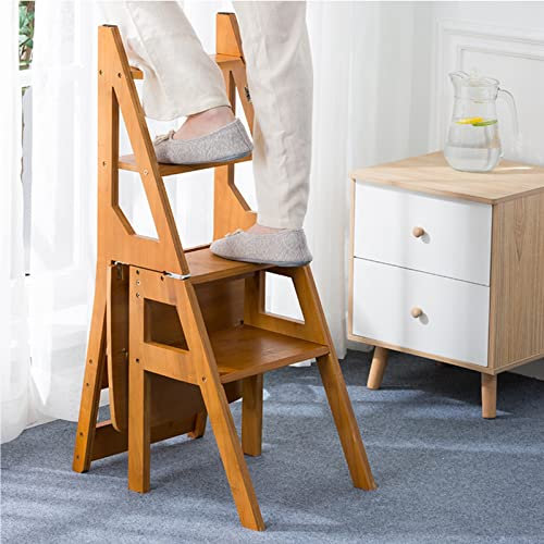 Wooden 4 Step Ladder Chair Folding Display Shelves Multifunction Portable Stairs Chair Stepladder Combination Home Library Climb Ladder Step Stool