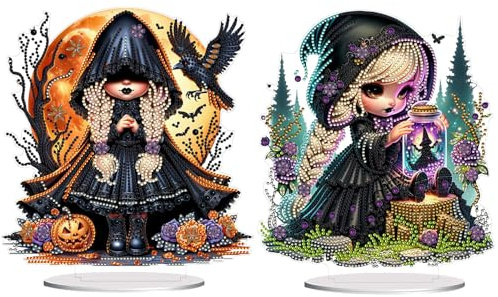 CXINLky DIY Diamond Art Painting Tisch Schwarze Hexe Deko, 5D Diamant Painting Halloween Kürbis Fee Tischdeko, Diamant Malerei Stehend Kunst Set für Anfänger Deko-2 Stuck-B