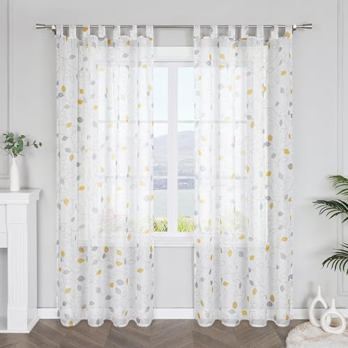 SCHOAL Gardinenschal mit Schlaufen Transparent Vorhang Voile Gardine mit Blätter Modern Dekoschal Schlaufenschal für Fenster 1 Stück BxH 140x245cm Gelb