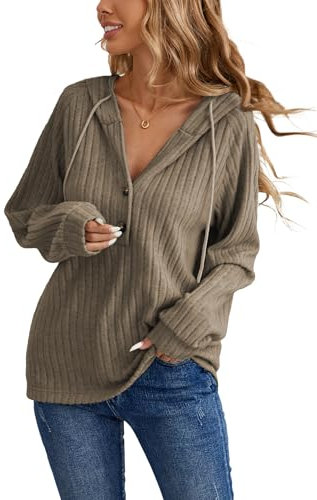 iChunhua Ribbed Long Sleeve Button Up Top V Neck Thin Brwon Sweatshirt Hooded for Women Uk Oversized Ladies Hoodies Size 10 Brown M