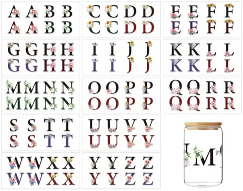 GOMAKERER 104 Pcs UV DTF Cup Wraps Sticker, Letter A~Z UV DTF Cup Wrap for 16OZ Glass Flower Design Alphabet Transfer Stickers on UV DTF Transfer Decals for DIY Glass Cups Wood Crafts