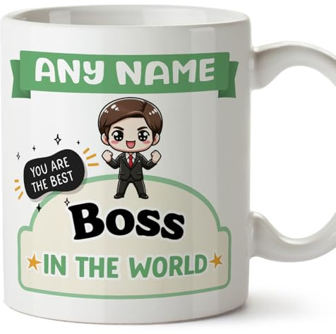 MUGFFINS Personalised Mug for BOSS Man - in English - Best in The World - Kawaii - Funny Custom Gift for Colleagues - Ceramic 11oz Mug