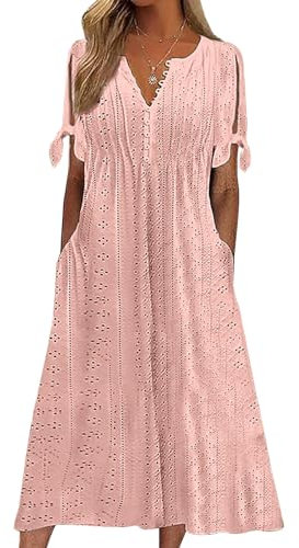 CheChury Robe d'été Femme Boho Maxi Robe Col en V Robes de Plage Boheme Robe Longue Femme Ete Robe de Midi Décontracté Robe Femme Chic et Elegant Robe A-Line Manches Courtes Rose XXL