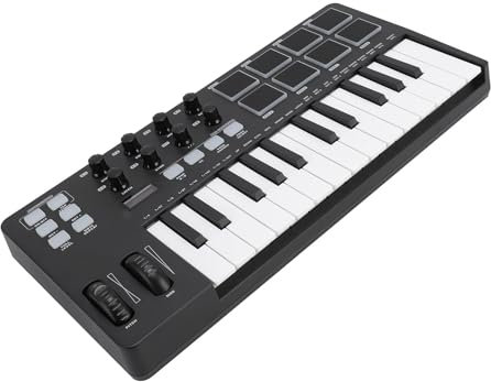 25 Taste USB MIDI -Tastatur -Controller mit 8 Backbeleuchtung Drum Pads, 8 Knöpfen, LED -Display, Arpeggiator, Sustain und Akkordmodus, Kompatibel mit Software