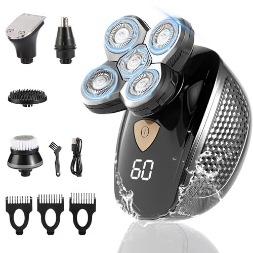 Kopfrasierer für Herren, 5-in-1 Glatzenkopf-Rasierer für Männer, kabelloser rotierender Bart-Elektrorasierer mit 5D-schwimmendem Kopf, wasserdicht, nass/trocken & über USB wiederaufladbar,