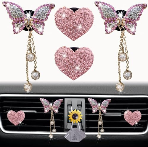 4 Pcs Pink Heart and Butterfly Pandent Air Vent Clips, Bling Heart Air Fresheners Vents Clips Diamond Car Interior Decor Bling Cute Car Accessories + Sunflower Mask Hook