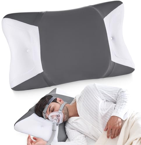 CPAP Kissen für Seitenschläfer & Rückenschläfer, Memory Foam Schlafapnoe Kissen für alle CPAP Masken, mit Breiten Aussparungen und Stützbereich, Reduziert Luftauslässe und Druck Maske, Kühlender Bezug