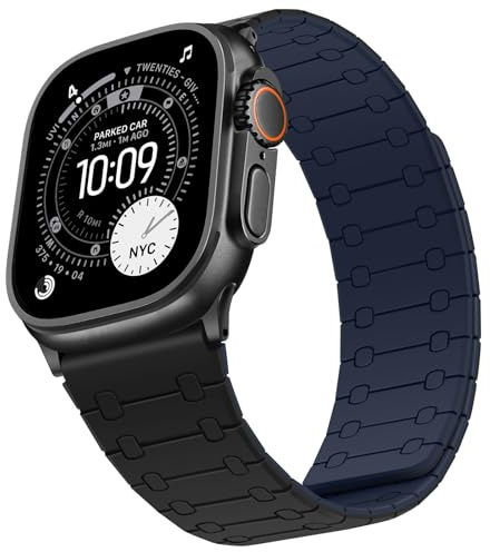Sixmoat Doble Cara Reversible Magnética Correa Compatible con Apple Watch Correa 49mm 46mm 45mm 44mm 42mm, Suave Silicona Pulsera para iWatch Ultra SE Serie 11 10 9 8 7 6 5 4 3, Azul Oscuro-Negro