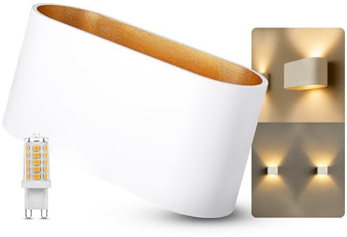 SSC-LUXon JOBERO Wandleuchte weiß-gold Up & Down G9 3W dimmbar warmweiß | Längliche Wandlampe weiß-gold - Up-Down-Licht dimmbar, für Wohnzimmer, Flur & Treppenhaus, inkl. G9 LED