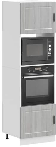 QJBSAVVA Porto Grey Sonoma Engineered Wood Tall Kitchen Cabinet 60x57x207 cm with Adjustable Feet, Space-Saving Double Oven Housing Unit for Small Kitchens and Modern Pantry Storage