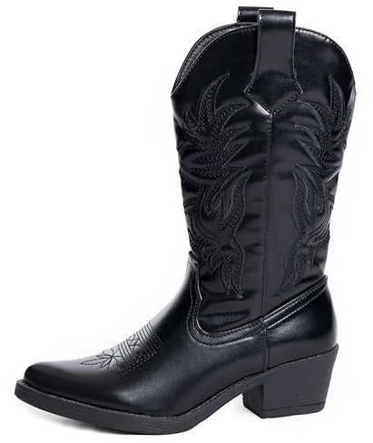 URBAN ROSA Stivali Texani Donna Cowboy Western con Punta Ricami e Tacco Largo Stivaletti Chic 957 (NERO, 40 EU, Adulto, 40, Numero, Sistema Taglie Calzature EU, Media)