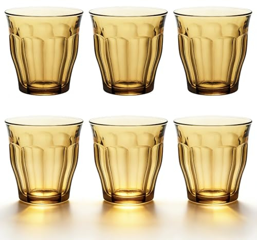 TRESV Set de 6 Vasos Colores, Vaso de Cristal agua de 25cl, Vaso de Agua y Bebidas, Aptos para Lavavajillas (Ambar)