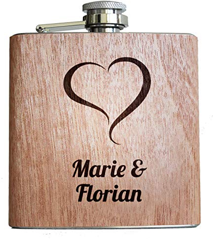 Petaca de madera con corazón y nombre grabado personalizado para alcohol, regalo para pareja, amigo, pareja y pareja