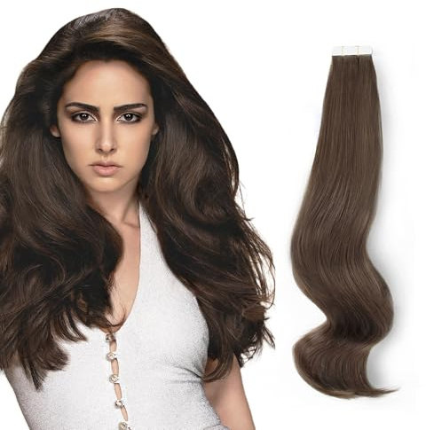 ABH AMAZINGBEAUTY HAIR Tape in Extensions Tape Attached Real Remy Human Hair Remy Glue in Skin Weft Tape Hair Extensions Invisible Seamless Reusable Dark Brown/Darkest Brown 50g 20pcs 2# 22 Inch