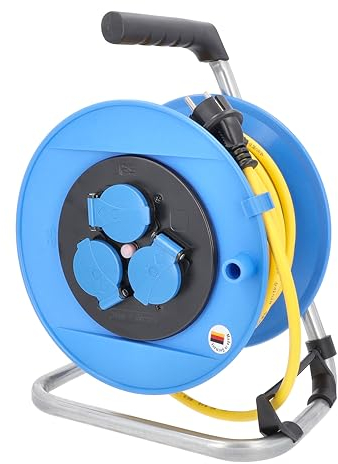 as - Schwabe Kabeltrommel 25 m Panzerleitung K35 AT-N07V3V3-F 3G1,5 gelb, 3 Schutzkontaktdosen mit Klappdeckel, Schutzkontaktstecker, Outdoor, IP44, blau, Made in Germany, 11004