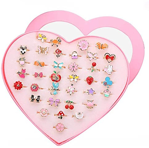 LHKJ 36 Pièces Bagues Petites Filles,Réglables Bague pour Enfant Fille avec Boîte De Coeur, Belle Présentation pour Un Cadeau à Une Petite Fille, Rose
