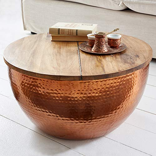 cagü Industriedesign Couchtisch PULIM Natur Akazienholz und Kupferkorpus mit Hammerschlagtechnik modelliert 60cm