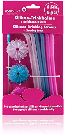 Kochblume Silikon-Trinkhalme 6-tlg. mit Reinigungsbürste | Premium-Silikon | Hitzebeständig | Spülmaschinenfest | Inklusive Reinigungsbürste | Farbe: colormix