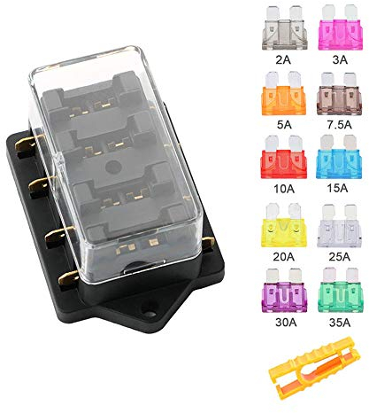 Aiqeer KFZ 4-Fach Sicherungshalter, 12V / 24V / 32V / 48V Universal Standard Blade Sicherungskasten, Sicherungsdose, Sicherungsblock, mit Feuchtigkeitsgeschützter Abdeckung und 10Pcs Flachsicherung