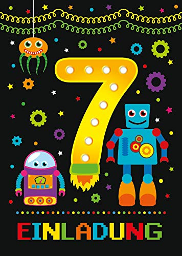 12 Einladungskarten zum 7. Kindergeburtstag siebte Geburtstag Jungen Jungs Robot Roboter