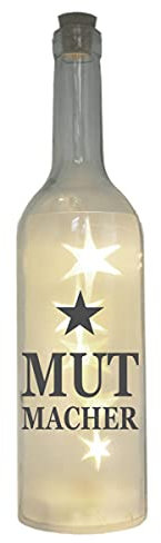 WB wohn trends LED-Flasche mit Motiv, Mut-Macher Stern, grau, 29cm, Flaschen-Licht Glitzer-Flasche Leuchtflasche Lampe mit Text Spruch