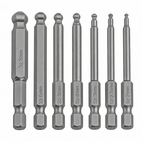 VESTTIO Ball End Hex Head Metric Allen Wrench Drill Screwdriver Bit Set 7PCS 1/4 Inch Hex Shank 2.56 Inch/65 mm Length S2 Steel with Magnetic for Power Screwdriver Drill Impact Driver