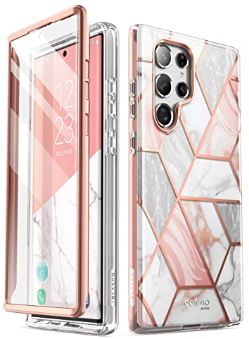 i-Blason Coque pour Samsung Galaxy S22 Ultra avec Protecteur d'Ecran Intégré [Cosmo] Design Marbre [Charge sans Fil Compatible] 360 Degrés Protection Fine Intégrale pour Samsung S22 Ultra, Rose