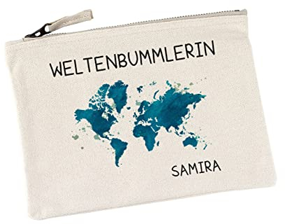 Herz & Heim® kleine Kulturtasche mit Wunschnamen für Weltenbummler Weltenbummlerin
