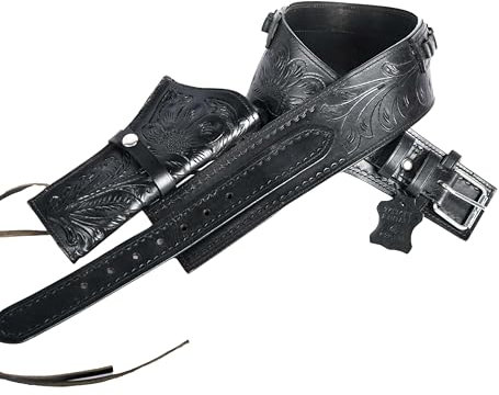 Hulara Western Pistolenholster .45 Auto .45 ACP 44/45 Kaliber Cowboy Holster für Revolver Vollnarbenleder Pistolenholster mit Gürtel für Herren, geschnitzt schwarz rechts