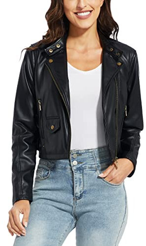 Fahsyee Chaquetas de piel sintética para mujer, con cremallera, pantalones cortos de poliuretano para motociclista, abrigo ajustado, Negro-SS, Small