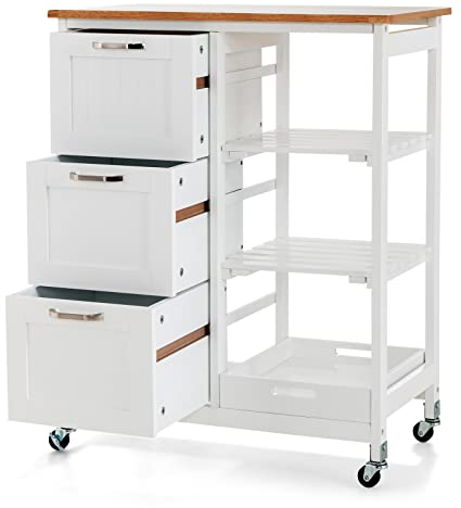 GOPLUS Küchenwagen mit Stauraum, Servierwagen auf Rädern mit 3 tiefen Schubladen, offenen Regalen & Herausnehmbarem Tablett, Rollwagen für Küche Esszimmer Bar Restaurant (Weiß)