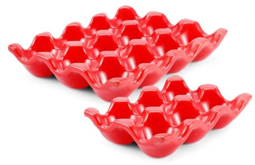 Flexzion 12 + 6 Eierplätze Keramik-Eierhalter für Kühlschrank - 18 Porzellan-Eierablage Behälter Organizer Aufbewahrung Dekorativer Servierständer für Kühlschrank Arbeitsplatte Küche (Rot)