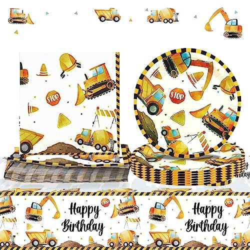 LbsAMP 21 Pieces Party Tableware Set Construction Excavator Party Supplies Digger Themed Birthday Plates Napkins and 1 Tablecloth Disposable for Children's Theme Birthday Party 10 Guests