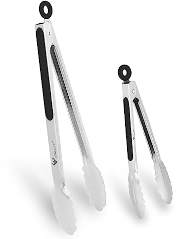 WINPOST Lot de 2 pinces de cuisine en acier inoxydable de 2 à 21 cm et 34 cm, poignée antidérapante résistante à la chaleur – Idéales pour la cuisine, la salade, les grillades et les barbecues (21 cm