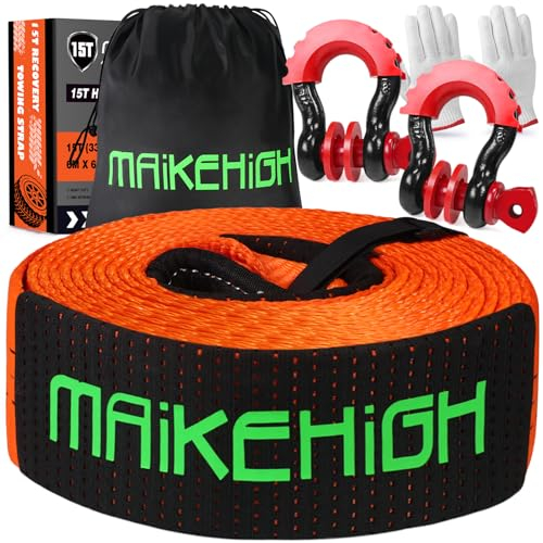 MAIKEHIGH Eslinga 15 Toneladas, 6M x 7.6cm Cuerda para Remolque con 2 Grilletes Reforzados 2 Guantes para Recuperación Vehículo Coche SUV