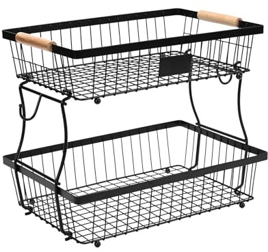 Lawhood-Mijin Fruit Basket Bowl 2 Tier Detachable with 2 Banana Hangers, Fruit Stand Holder for Kitchen Countertop, Metal Wire Vegetable Storage Organizer, for Bread Snack Veggies Produce, Black
