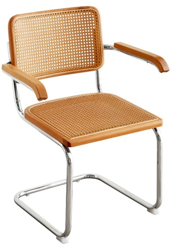 Mid Century Esszimmerstuhl Akzentstuhl mit natürlicher Rohrrückenlehne und rostfreiem Chromgestell, gepolsterter Holz-Rattan-Küchenstuhl für Wohnzimmer/Schlafzimmer/Esszimmer/Hof