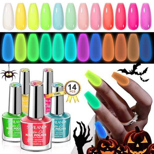 Saviland Glow in the Dark Nail Polish Set: 12 Colors Neon Luminous Nail Varnish Set with Coat Top Polish Coat Fluorescent Bright Colour Nail Polish Quick Dry for Finger Toe Salon Home Nail Art DIY