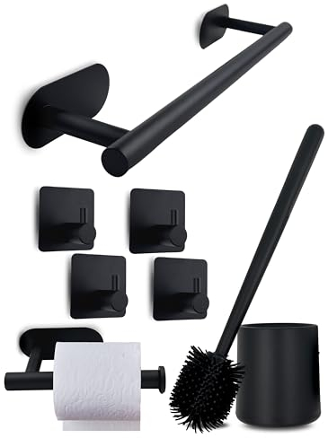 Generisch Badezimmer Set 7 tlg. - ohne Bohren - edles schwarzes Edelstahl - 1 x Klobürste, 4 x Handtuchhaken, 1 x Klopapierhalter, 1 x Handtuchhalter
